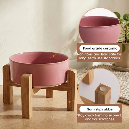 hjn Elevated Ceramic Dog Bowl with Bamboo Stand, Raised Pet Feeding Station for Small Medium Dogs Cats, Modern Design with Anti-Slip Base (Deep Pink, 3.6Cup) - color: Deep Pink, size: 3.6Cup