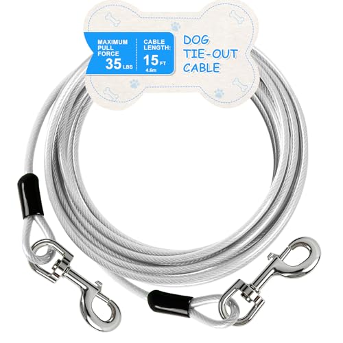 Tie Out Cable, 15/25/40/50 FT Runner Cable with Swivel Hook,Dog Leash Run Tether for Yard Outdoor and Camping,for Small to Medium Pets Up to 250 LBS（Silver） - color: New-Silver, size: 15Ft-35LBS