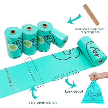Dog Poop Bag Holder with LED Flashlight for Night Walks,Silicone Tether & Panda Pattern Clip for Used Bags, Hands-Free Metal Leash Carabiner, Includes 15 Scented Waste Bags (Crystal Blue) - color: Crystal Blue