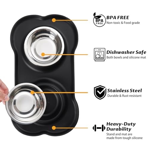 Hubulk Pet Dog Bowls 2 Stainless Steel Dog Bowl with No Spill Non-Skid Silicone Mat + Pet Food Scoop Water and Food Feeder Bowls for Feeding Small Medium Large Dogs Cats Puppies (S, Black) - color: Black, size: Small