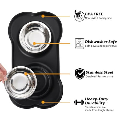 Hubulk Pet Dog Bowls 2 Stainless Steel Dog Bowl with No Spill Non-Skid Silicone Mat + Pet Food Scoop Water and Food Feeder Bowls for Feeding Small Medium Large Dogs Cats Puppies (M, Black) - color: Black, size: Medium
