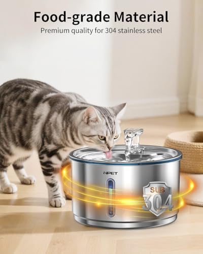 NPET Stainless Steel Cat Water Fountain, 1Gallon/135oz Automatic Pet Drinking Fountain Dog Water Dispenser with 8 Replacement Filters for Cats Indoor