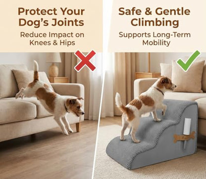PAWZY Dog Stairs for Medium-Height Beds & Couches, 3-Step Foam Pet Steps 15.5” High for Small Dogs & Cats up to 60 lbs, Wide Non-Slip, Waterproof Washable Zipper Cover, No Assembly, Grey - size: 3 Step