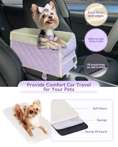 PETSFIT Cat Car Seat with Safe Protection Hooks, Center Console Dog Car Seat with Upgraded Safety Tethers, Washable Cushion, Dog Car Seats for Small Dogs Up to 8 Lbs (Purple) - color: Purple