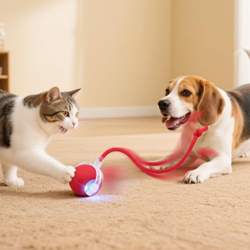 Smart Interactive Automatic Electric Rolling Moving Rechargeable Motion Activated Self Play Electronic Stimulation Chase Teaser Ball Toy with Rope for Indoor Bored Adult Cat and Dog, Pink - color: Pink