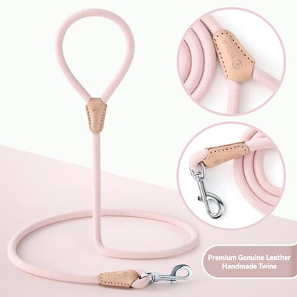 Mile High Life Dog Leash, Rope Leash with Genuine Leather Connection and Heavy Duty Metal Clasp, Great for Small Medium Large Dogs(Light Pink,48 Inch) - color: Rope Handle-Light Pink, size: 48 Inch-1/2"