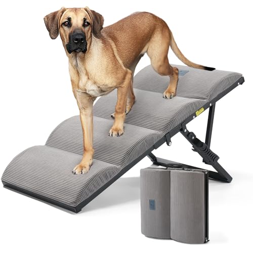Veehoo Dog Ramp for Bed Couch Height Adjustable from 12" to 20", Foldable Stairs for Dogs to Get on Bed 17" Extra Wide, Portable Pet Doggie Steps Indoor with Non Slip Pad, Support up to 150 lbs - size: 35"L x 17"W x 20"H