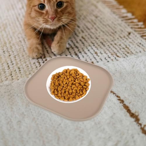 Mikikit Silicone Pet Feeding Mat for Dog Food and Cat Bowl, Waterproof Spill Proof Placemat with Raised Edges, Non Slip Floor Protector Pad, Coffee
