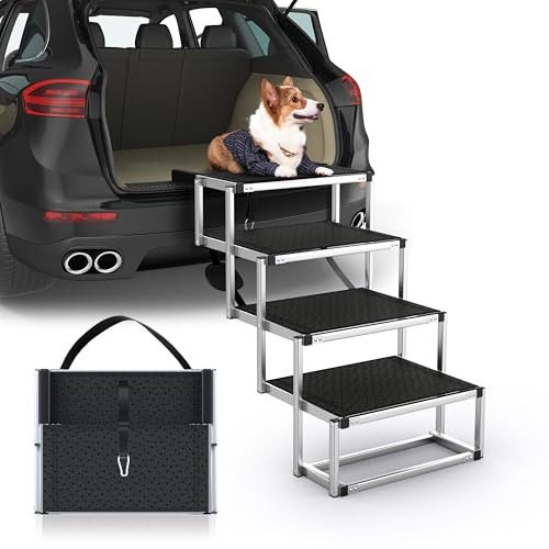 Dog Stairs for Car, Foldable Dog Ramp for Car with Non-Slip Surface, Portable Stairs Aluminum SUV, High Beds, Truck, Supports up to 150 lbs, 4 Steps - size: Standard 4 Steps