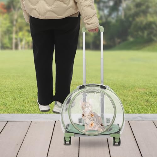 Cat Backpack Carrier, Transparent & Fully Breathable Hard cat Carrier with Rolling Wheels for Kitty Small Dog up to 19lbs, Multiple Carrying Options, Perfect for Travel Hiking, Green, Clear