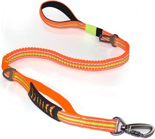 No-Pull Shock Absorbing Bungee Leash for Large Dogs, 4-6 FT Heavy Duty Dog Leash with Traffic Handle & Seat Belt Buckle, Reflective, Up to 150 Lbs - color: Orange