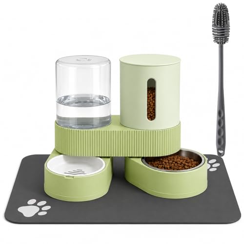 Gravity Cat Feeder 2 Pack Automatic Food Feeder Stainless Steel Water Dispenser Set 360° Rotatable Pet Bowls with Silicone Mat and Brush for Cats Small Medium Dogs, Large Capacity(Green) - color: Green-With mat/brush