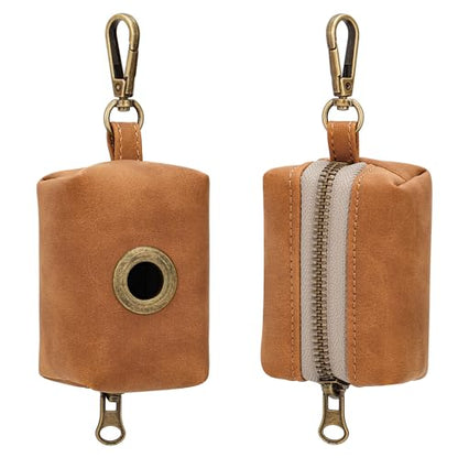 Didog Stylish Dog Poop Bag Holder for Leash, Easy-Pull and Colorful PU Leather Dog Poop Bag Dispenser with Metal Clip, Includes 1 Roll Pet Waste Bag for Daily Walking,Light Brown - color: Light Brown
