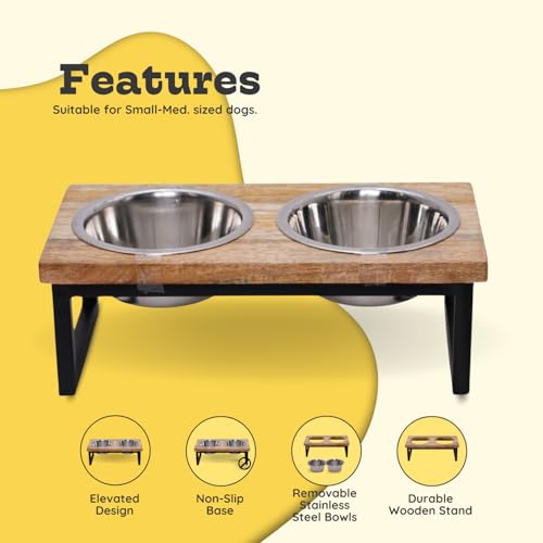 Elevated Dog Bowls, 4.5” Small Dogs/Cats Only Raised Bowl Mango Wood Stand, Food & Water 2 Stainless Steel Dishes Each 32oz/4Cup Capacity, Non-Slip Pet Feeder Station in Brown, toy Breeds - size: 4.5 Inches / 32oz 2 Bowl