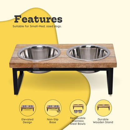 Elevated Dog Bowls, 4.5” Small Dogs/Cats Only Raised Bowl Mango Wood Stand, Food & Water 2 Stainless Steel Dishes Each 32oz/4Cup Capacity, Non-Slip Pet Feeder Station in Brown, toy Breeds - size: 4.5 Inches / 32oz 2 Bowl