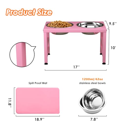 ADENGL Pink Metal Raised Dog Bowl Stand for Large Dogs, Stronger Elevated Dogs Bowls with Sprill Proof Mat, Food & Water Bowl 10in Tall Feeder (42OZ-Stainless Steel Dog Bowls, Mat-12x19 in) - color: Pink - L Silicone Dog Mat, size: Height:10inch