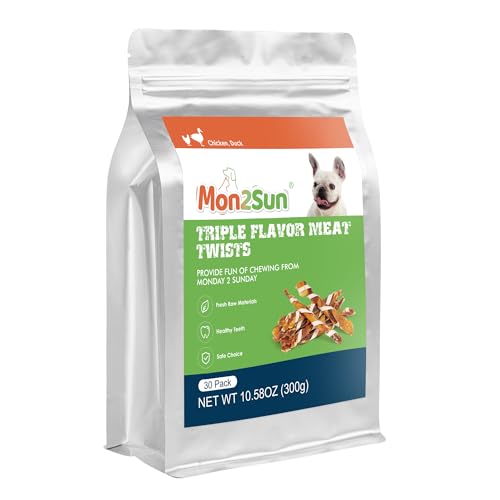 MON2SUN Dog Treats, Triple Flavor Jerky Twist Sticks, 4.5-5 Inch Chicken Duck and Codfish Sticks Chews for Small Dogs, Healthy Snacks, 10.58 oz (30 Count-Pack of 1) - size: 10.58 Ounce (Pack of 1), style: 4.5-5 Inch
