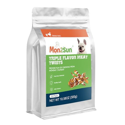 MON2SUN Dog Treats, Triple Flavor Jerky Twist Sticks, 4.5-5 Inch Chicken Duck and Codfish Sticks Chews for Small Dogs, Healthy Snacks, 10.58 oz (30 Count-Pack of 1) - size: 10.58 Ounce (Pack of 1), style: 4.5-5 Inch