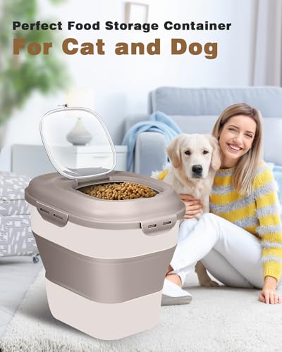 ANVS Dog Food Storage Container - Collapsible Dog Food Container with Airtight Lids, Scoop and 2.5L Small Pet Food Storage Container Dry Food For Dog, Cat and Other Pet Food (Khaki, 30 lbs)