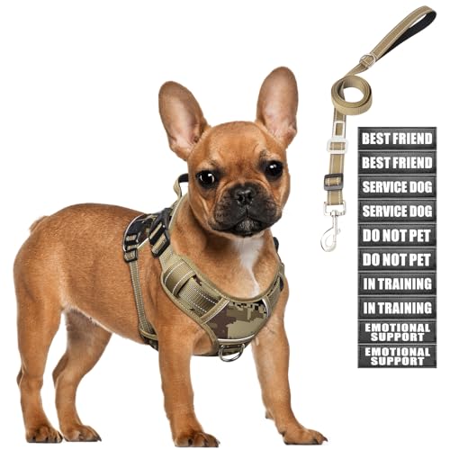 Tactical Dog Harness and Leash Set Small Sized Dog,Heavy Duty No Pull Service Dog Vest and 10 Patches with Dog Seat Belt,Reflective Adjustable Pet Harness for Training Walking Hiking Camo S - color: Desert Camo, size: Small