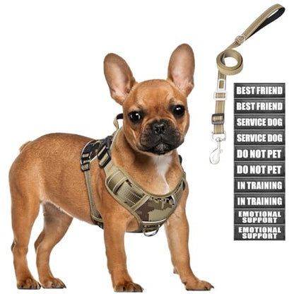 Tactical Dog Harness and Leash Set Small Sized Dog,Heavy Duty No Pull Service Dog Vest and 10 Patches with Dog Seat Belt,Reflective Adjustable Pet Harness for Training Walking Hiking Camo S - color: Desert Camo, size: Small