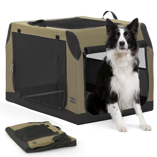 PETSFIT Collapsible Dog Crate, Soft Sided Dog Crate - 36 Inch Sturdy Adjustable Structure, Easy to Set Up, Soft Sided Dog Kennel for Car, Light Tough with 3 Mesh Doors, Army Green - color: Army Green, size: 36.0"L x 24.0"W x 23.0"H