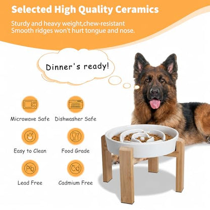 Elevated Slow Feeder Dog Bowl Large Breed, 8.8 Inch Ceramic Slow Eating Bowl with Screw-Assembled Bamboo Stand, Anti-Choking Raised Maze Design for Medium to Large Dogs, 3.2 Cup, White - color: White, size: 3.2 Cup（Screw Style）