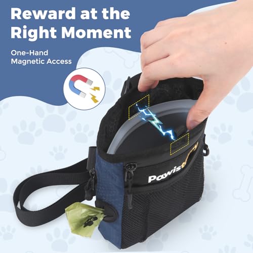 Dog Treat Pouch for Pet Training, One-Hand Magnetic Closure, Hands-Free Treat Bag with Silicone Liner, No Mess No Smell - color: Navy Blue