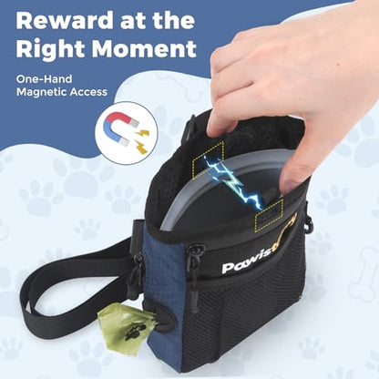 Dog Treat Pouch for Pet Training, One-Hand Magnetic Closure, Hands-Free Treat Bag with Silicone Liner, No Mess No Smell - color: Navy Blue