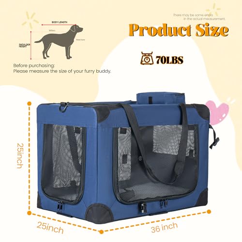 Soft Dog Crate, Portable 3-Door Folding Pet Carrier w/Mesh Windows, 36"x25"x25 Carrying Straps Fleece Mat,Collapsible Kennel for Dogs, Cats, Rabbits-Use for Indoor, Outdoor & Travel (36 inch) - size: 36 inch