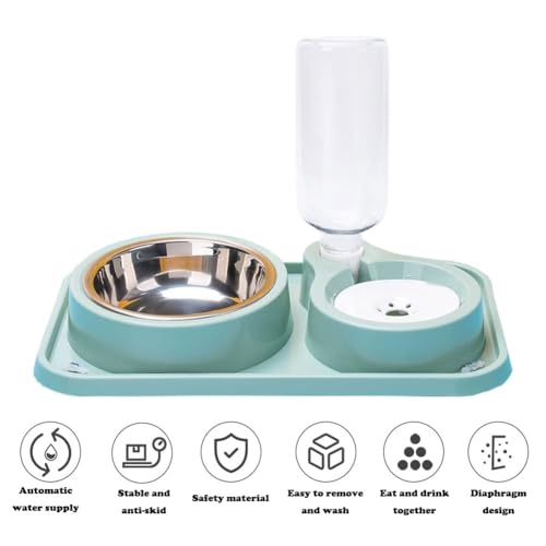 Love Dream Double Dog Cat Bowls, 2 in1 Pet Water and Food Bowl Set with Automatic Gravity Water Dispenser Bottle Detachable Stainless Steel Bowl No-Spill for Cats and Dogs Puppy Kitten Rabbit - color: Ligth Green, size: Capacity Water Bottle: 1000ML