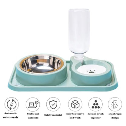Love Dream Double Dog Cat Bowls, 2 in1 Pet Water and Food Bowl Set with Automatic Gravity Water Dispenser Bottle Detachable Stainless Steel Bowl No-Spill for Cats and Dogs Puppy Kitten Rabbit - color: Ligth Green, size: Capacity Water Bottle: 1000ML