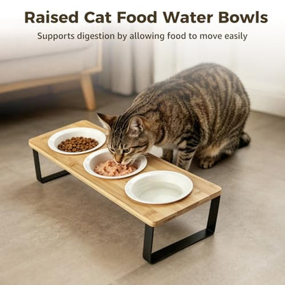 Raised Cat Food Water Bowls, Elevated Tilted Cat Feeder, Set of 3 Ceramic Dishes, Orthopedic Pet Stand for Indoor Cats, Triple Dog Food Station, Home Utility Pet Supplies