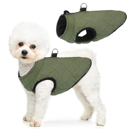 SCENEREAL Winter Dog Vest Coat with Harness Built In, Warm Puppy Jacket for Small Medium Dogs, Cold Weather Coat with Zipper, Fleece Puffer Vest Windproof Snow Clothes - color: #1 Olive-Matte, size: M(Chest 16.5")-Regular