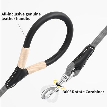 Mile High Life Dog Leash, Rope Leash with Genuine Leather Handle and Heavy Duty Metal Clasp, Great for Small Medium Large Dogs (Gray, 4FT) - color: Leather Handle-Gray, size: 48 Inch-1/2"