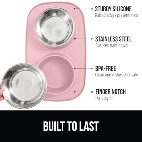 GORILLA GRIP Dog Bowl Set with Slip Resistant Silicone Feeding Mat, Food Grade 304 Stainless Steel Bowls, BPA Free, High Edge Spill Containment, Dishwasher Safe, Finger Notch Removal, 2 Cup, Pink - color: Light Pink, size: 2 Cup Bowls