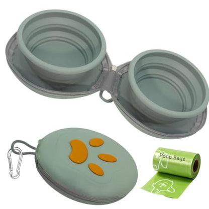 Collapsible Dog Bowl 2-in-1 Travel Portable Silicone Carabiner,Green | food & water use, folds flat, compact storage, camping, hiking, everyday walks, carabiner clip included - color: B-Green