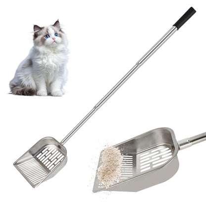 Cat Litter Scoop Metal Mesh, Kitty Scooper for Litter Box Cleaning Speed Sifting, Chicken Poop Scooper for Sand, Litter Sifter Shovel, Dog Coop Pooper Scooper -Stainless Steel Long Handle