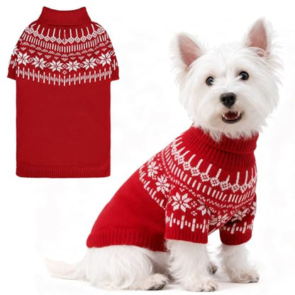 EXPAWLORER Turtleneck Knit Dog Sweater - Dog Clothes Fair Isle Snowflake Design, Warm Puppy Sweater Apparel, British Style Winter Pet Outfit Pullover for Small Medium Large Dogs Cats, Red M