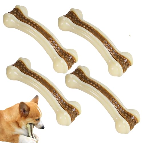 Dog Chew Toys for Aggressive Chewers, 4 Pack Beef Flavor Tough Dog Bones for Large/Medium Breed Dogs, Nylon Pet Teething Toys - size: Large (4-Pack)