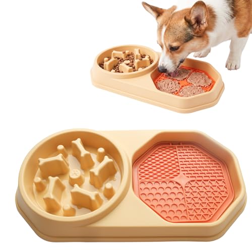 Slow Feeder Dog Bowl with Silicone Lick Mat, Non-Slip Dual Feeding Station for Dogs, Slow Eating Bowl to Help Reduce Fast Eating, Removable Lick Pad (Yellow) - color: Yellow