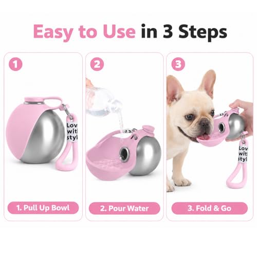 Portable Dog Water Bottle, 10 oz Stainless Steel Pet Travel Dispenser with Silicone Foldable Bowl, Leak Proof Tumbler, Dog Walking Accessories for Hiking and Small Pets (Pink) - color: Pink