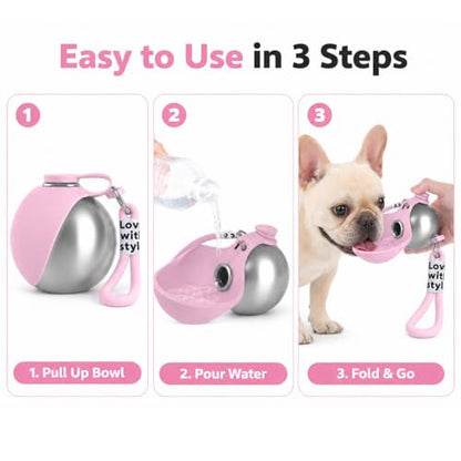 Portable Dog Water Bottle, 10 oz Stainless Steel Pet Travel Dispenser with Silicone Foldable Bowl, Leak Proof Tumbler, Dog Walking Accessories for Hiking and Small Pets (Pink) - color: Pink
