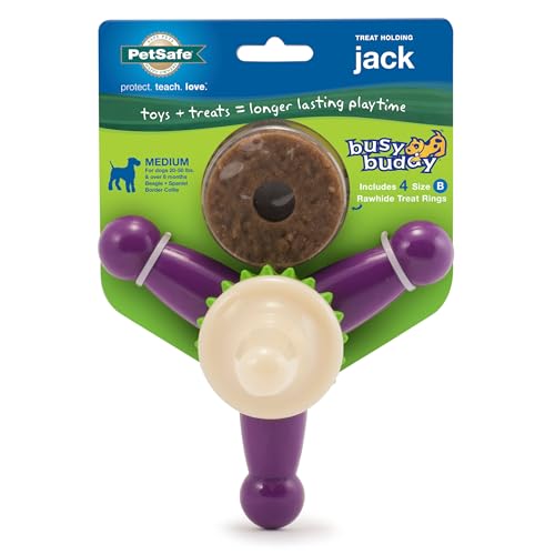 PetSafe Busy Buddy Jack - Treat Holding Dog Chew Toys - Helps Clean Teeth - Vanilla Scented Rubber for Strong Chewers - Treat Refills Included - Interactive Dog Toy Keeps Dogs Busy - Purple, Medium - size: Medium, style: Jack