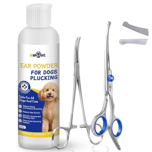 Dog Ear Hair Removal Kit – Ear Powder, Safety Round Tip Scissors & Locking Tweezers – At-Home Grooming Set for Hair Plucking, Wax Removal & Odor Control – Ideal for Poodles & Doodles - size: 3-pack