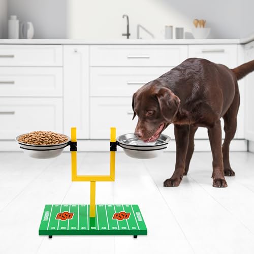 NCAA Oklahoma Sooners Goalpost Football Field Dog Feeder – Adjustable Elevated Dog Bowls with Stand, 2 Stainless Steel Bowls, Non-Slip Rubber Feet, Raised Pet Feeder for Large & Small Dogs