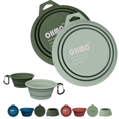 OHMO Collapsible Dog Bowl (2 Pack, Camo & Light Green 12oz/400ml) Premium Silicone Pet Water Bowls for Cats & Dogs, Portable Foldable Dog Travel Bowls for Outdoor Camping Hiking - color: Camo&Sage Green, size: 2x12oz