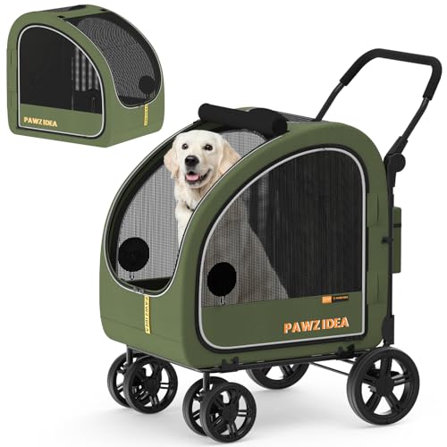 PAWZIDEA 3-in-1 Dog Stroller for Large Dogs with Detachable Carrier, 45% Extra Tall Dog Car Crate up to 100lb Sit Upright, Foldable Pet Stroller for 2 Medium Dogs All-Terrain Jogger, Adjustable Handle - color: Forest Green