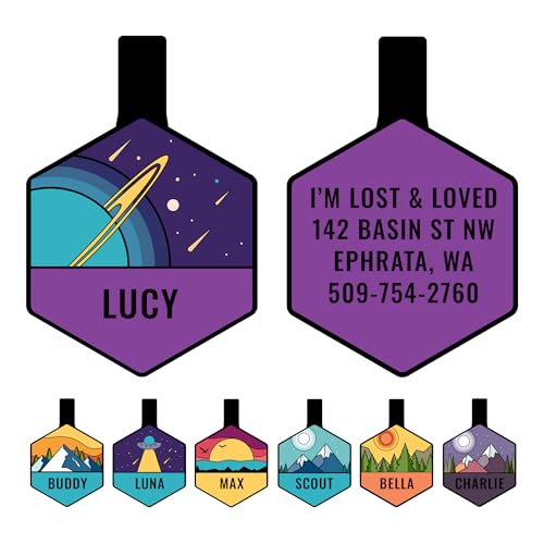 GoTags Silent Dog Tag, Personalized Engraved Hexagon Silicone Pet ID Tag | Dog and Cat Name, Number Address or Message, 5 Lines Custom Text, Soundless No More Jingling Dog Tags (Space Planet) - size: Hexagonal (Pack of 1), style: Space Planet
