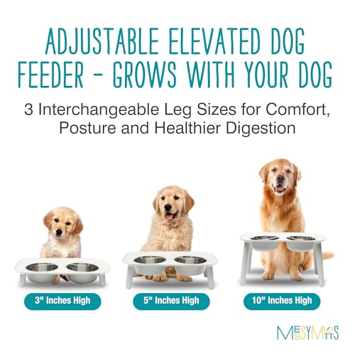 Messy Mutts Elevated Double Feeder with Stainless Bowls | Adjustable Height 3”, 5”, or 10” | Adjustable Standing Feeder for Dogs | 5 Cups per Bowl | Light Grey - color: Light Grey